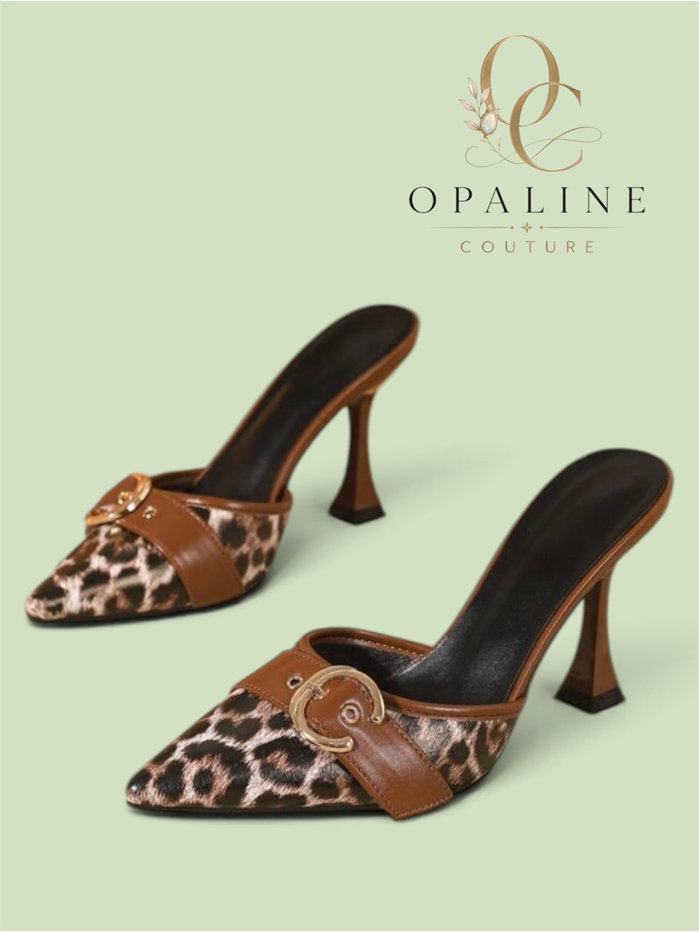Cognac Leopard Print Pointed Heels with Gold Buckle